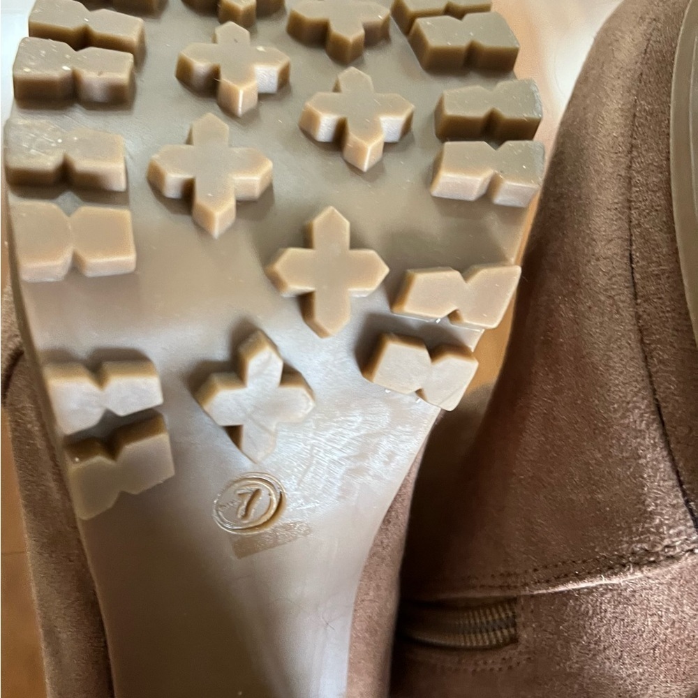 New Boots Platform Caramel Tan Sueded Lug Sole Stacked High Heel 7.5 High Ankle - Picture 11 of 12